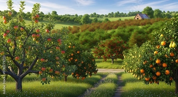 Obraz Lush Green Orange Grove with Ripe Fruit and Distant Farmhouse Under a Bright Sky.