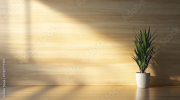 Obraz Green houseplant in white pot with sunlight on wooden wall background