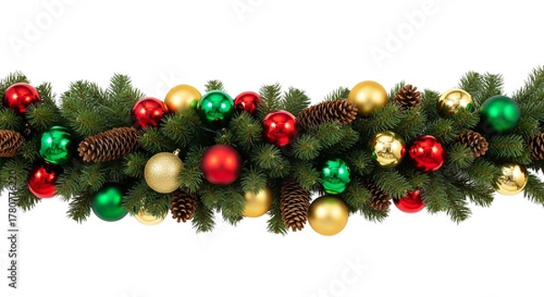 Obraz Festive christmas garland isolated on transparent background with colorful ornaments