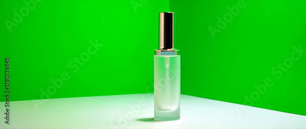 Obraz A clear glass bottle with a silver cap stands on a white surface against a vibrant green background.