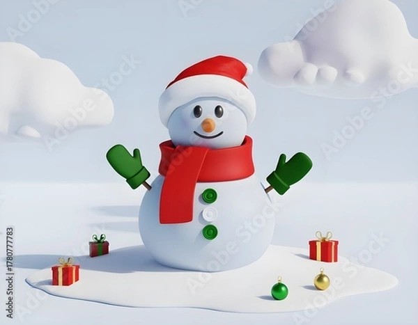 Fototapeta Cheerful snowman stands in snowy landscape surrounded by gifts, embodying the spirit of winter holidays and festive cheer.