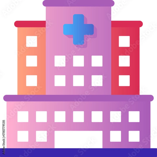 Obraz Gradient Pink and Purple Hospital Building With Blue Cross Symbol and White Square Windows Isolated on White Background Flat Design Style