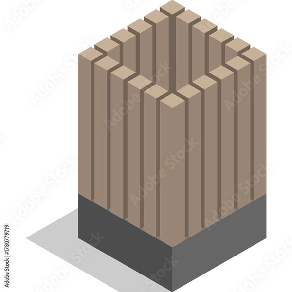Obraz Geometric brown square structure with vertical lines casting a shadow on a dark grey base isometric illustration on a white background