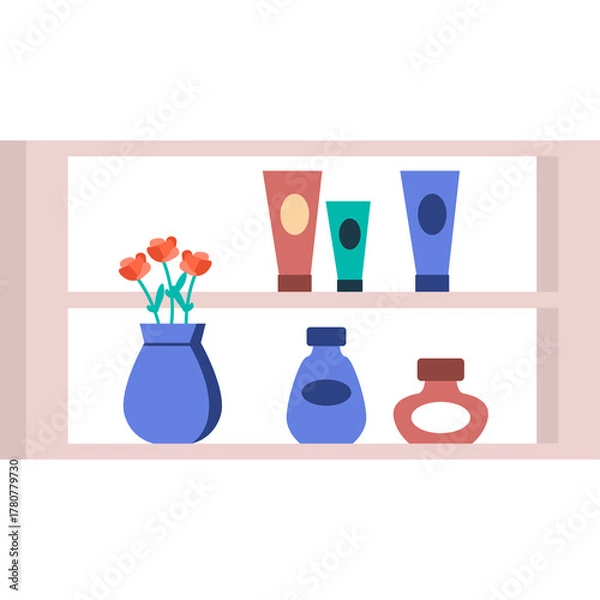 Obraz Flat graphic design of assorted cosmetic tubes and bottles arranged on two shelves with a vase of orange flowers on the lower shelf with a pink background and a transparent background