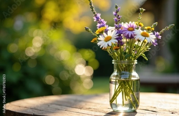 Obraz Colorful wildflowers in a glass jar on a wooden table with a blurred outdoor background