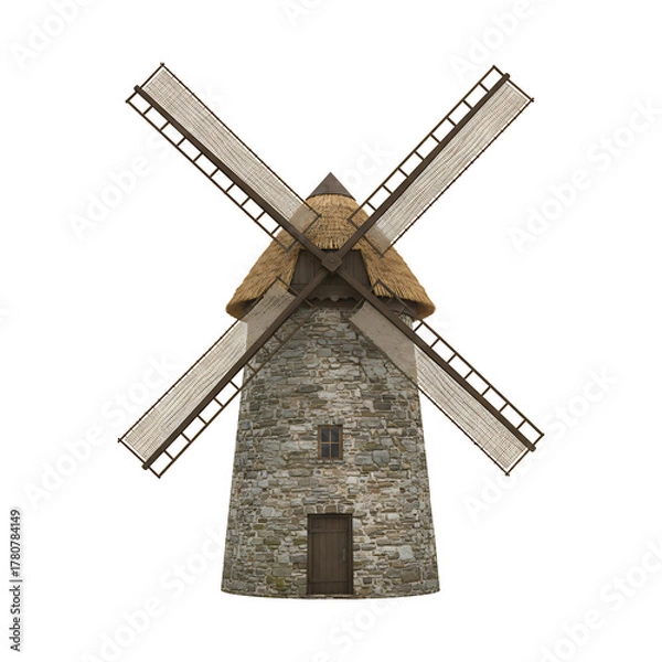 Fototapeta Traditional stone windmill with a thatched roof isolated on transparent background