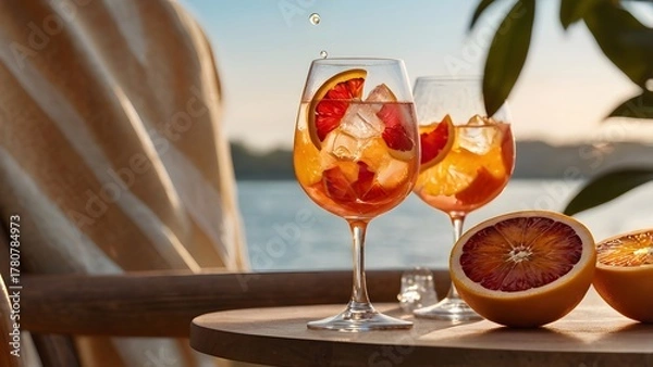 Obraz Refreshing orange spritz with blood orange slices by the sea at sunset