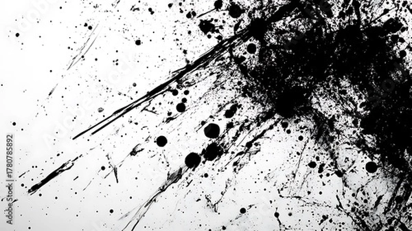 Obraz Dynamic black ink splatters and streaks creating an abstract design isolated on white background