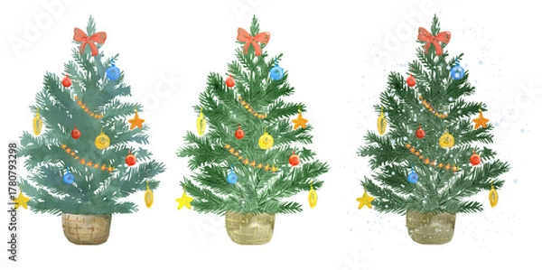 Obraz Watercolor Christmas trees PNG set. cute hand-painted festive illustrations of decorated trees with garlands, ornaments, and snow, perfect for cards, stickers, patterns, holiday decor, winter decor