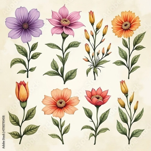 Fototapeta Seamless vector floral pattern with stylized flowers, leaves, and blossom for design and wallpaper illustration