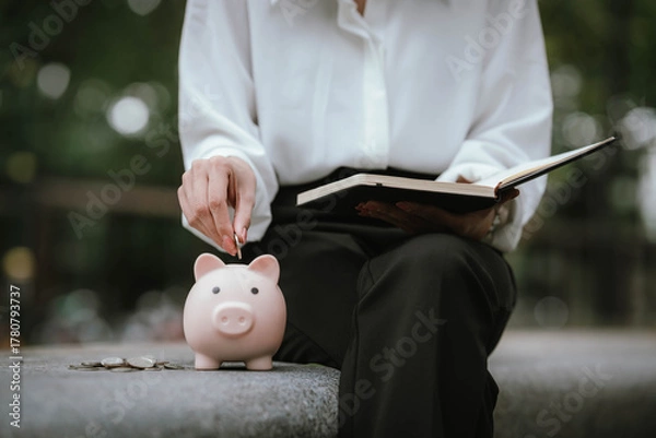 Obraz A woman wearing a white shirt is saving money by putting a coin into a pink piggy bank, symbolizing financial planning and saving for the future.