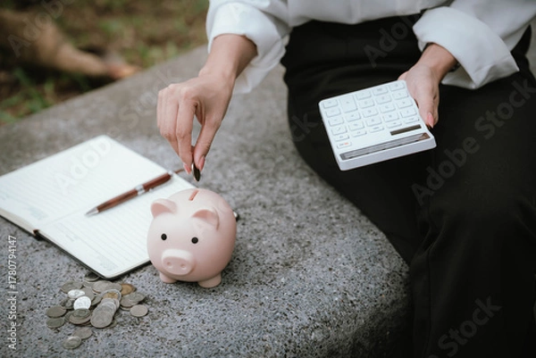 Obraz A person saves money by putting coins into a pink piggy bank while holding a calculator, symbolizing financial planning, saving, and budgeting.
