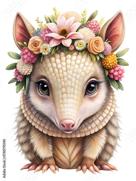 Obraz Cute armadillo wearing a floral crown, isolated on transparent background