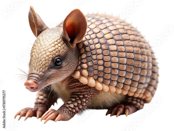 Fototapeta A threebanded armadillo, a unique mammal known for its bony armor, is captured in a studio shot, isolated on a clean transparent background, showcasing its distinctive shell and small, pointed ears