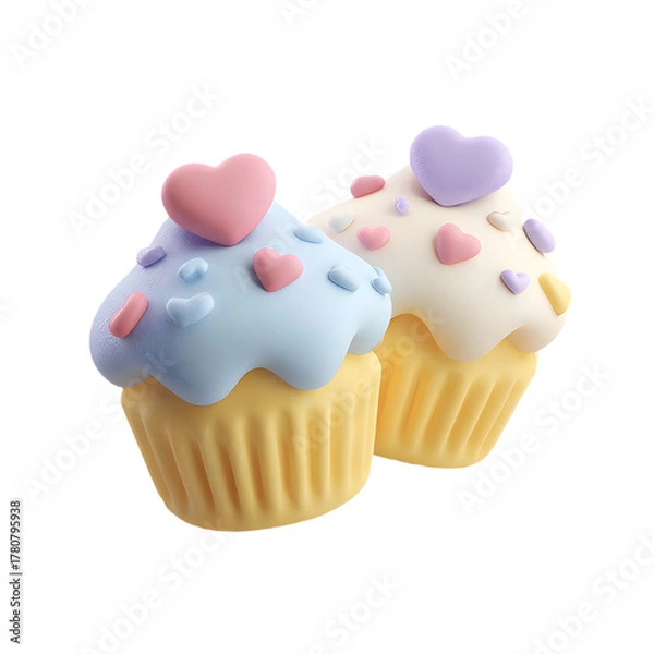 Obraz Two clay pastel cupcakes decorated with hearts symbolizing sweet love and romance