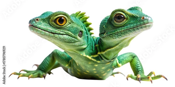 Obraz A vibrant green lizard with two heads, captured in a studio setting and isolated on a clean transparent background, showcasing its unique reptilian features and striking coloration