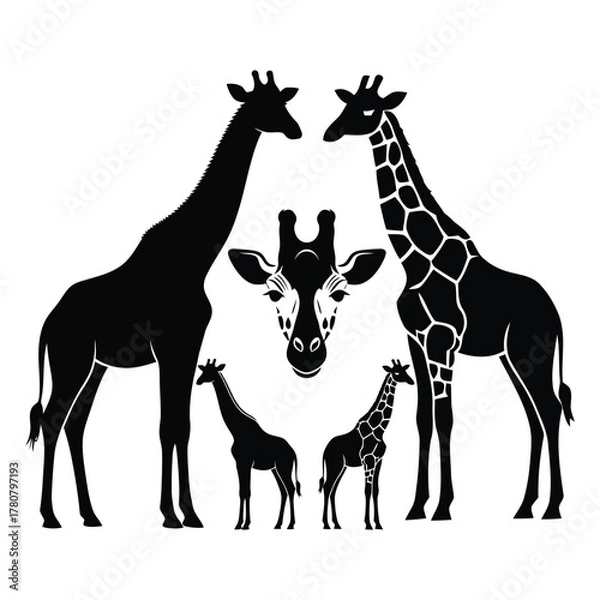 Obraz A versatile vector set of black giraffe silhouettes and a detailed head icon. Collection of African wildlife graphics for design
