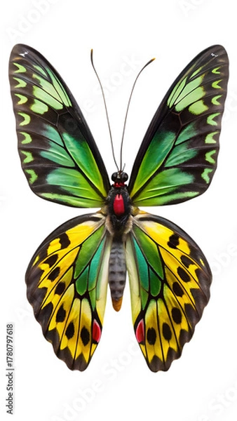Obraz A vibrant male ornithoptera priamus butterfly, also known as the common birdwing, showcasing its striking green and yellow wings with black markings and red spots, isolated on a transparent background