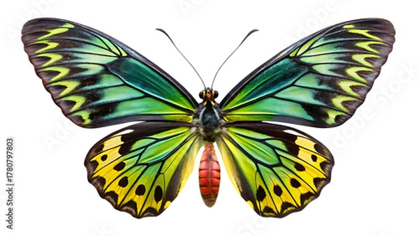 Obraz A vibrant birdwing butterfly with striking green and yellow wings, showcasing intricate patterns and a black body, isolated on a clean transparent background, a beautiful insect in flight