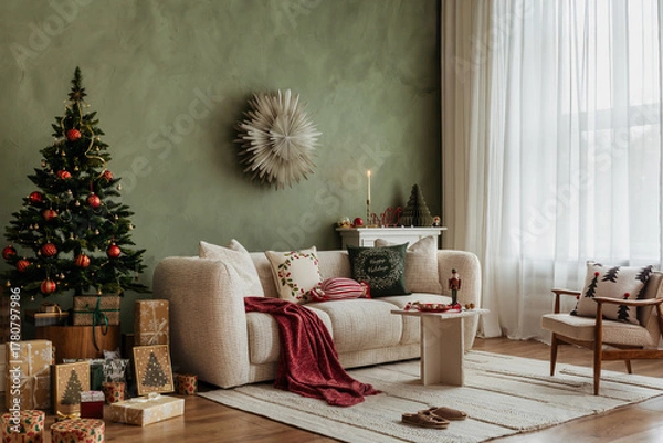 Fototapeta Elegant holiday interior with a Christmas tree, neutral sofa, and green accent wall. Warm lighting creates a calm festive mood.