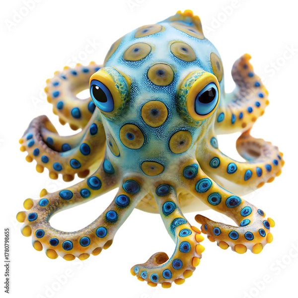 Obraz A blueringed octopus, a small but highly venomous marine animal, is shown isolated on a transparent background, highlighting its distinctive blue and yellow rings