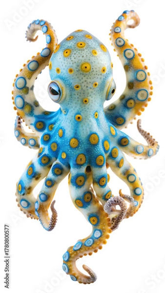 Obraz A vibrant blueringed octopus with striking yellow spots and blue rings, showcasing its intricate patterns and tentacles, isolated on a clean transparent background