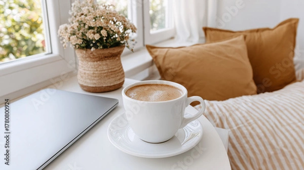 Obraz Cozy workspace with a cup of coffee, laptop and soft cushion by the window — commercial shot for lifestyle blogs, freelancing and interior design.
