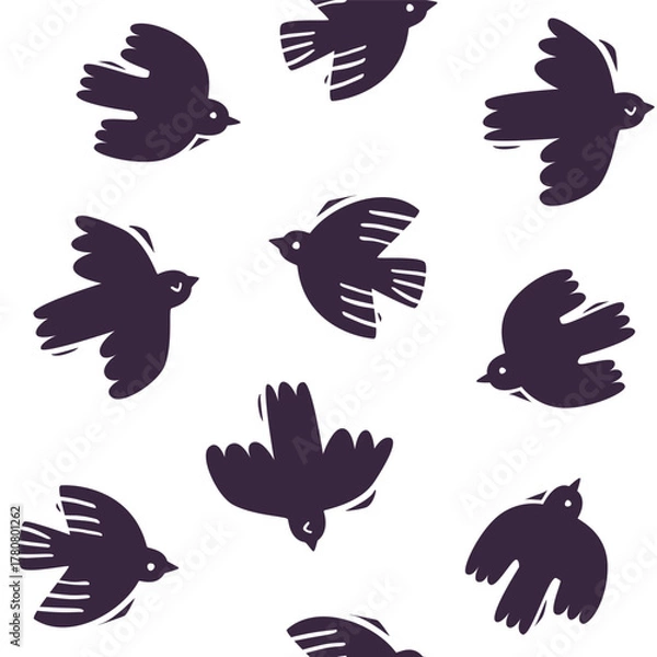 Fototapeta Stamp pattern with flying birds. Folk seamless vector print with abstract birds silhouette.