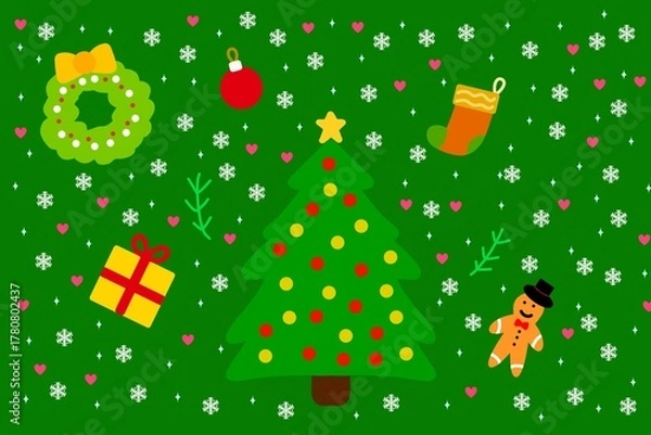 Obraz Hand drawn cute christmas tree and elements on green background for wallpapers