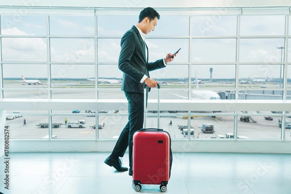 Fototapeta Handsome asian many using smartphone while walking with suitcase at airport terminal, young asian man browsing mobile internet on cellphone while going to flight boarding, side view