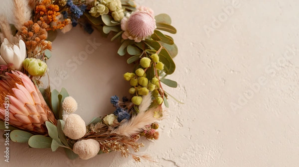 Fototapeta Delicate dried-flower wreath in pastel tones with a textile ribbon — romantic decor for weddings, florists and window displays.