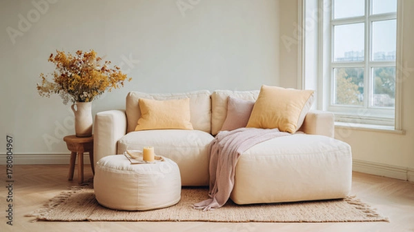 Obraz Soft cream modular sofa with pouf — neutral, sales-focused flatlay for furniture and interior collections.