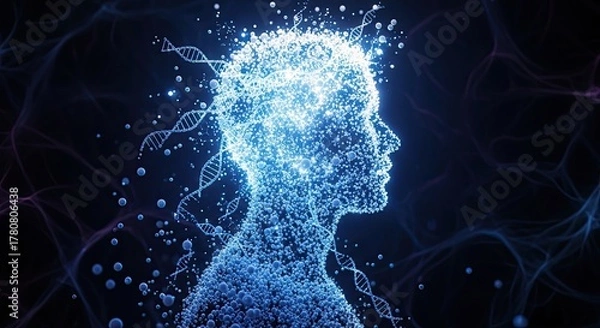 Fototapeta Luminous human silhouette composed of glowing particles and swirling DNA strands, symbolizing genetic science and human potential in a dark, futuristic setting.