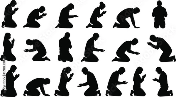 Fototapeta Praying people silhouette, kneeling posture, spiritual meditation pose, black vector figures, worship gesture, religious devotion, cad drawing flat vector illustration