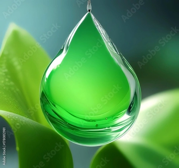 Obraz Macro shot of luminous green biofuel droplet suspended