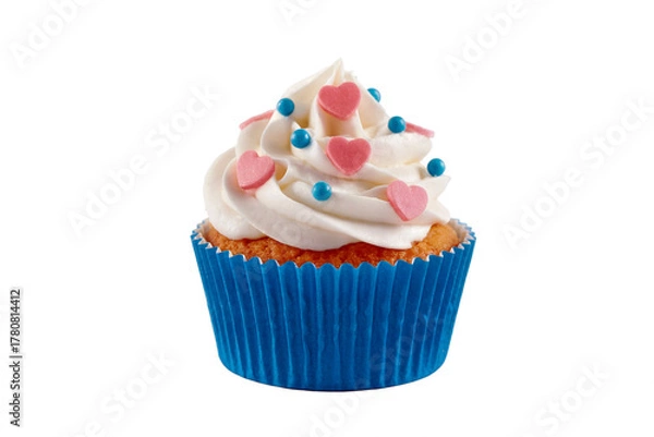 Fototapeta Cute Heart Decorated Cupcake with Whipped Cream Frosting Isolated on White
