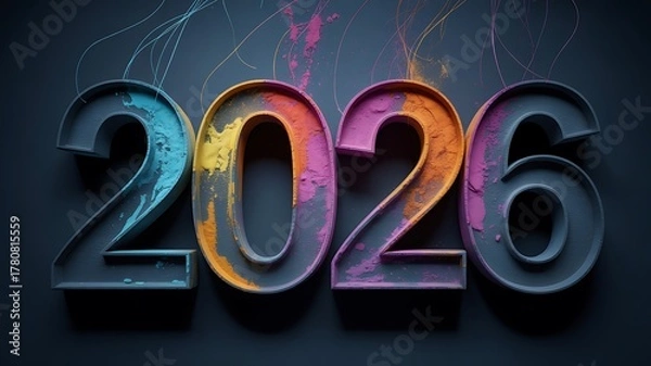 Fototapeta Colorful 3d numbers 2026 with powder explosion on dark background