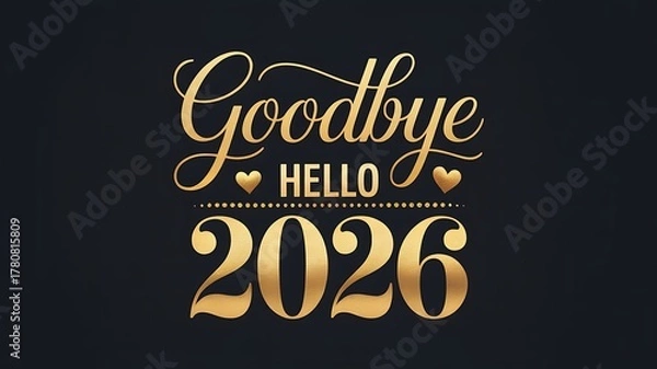 Fototapeta Goodbye 2026 hello new year golden text on black background