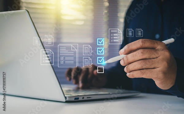 Fototapeta Businessman mark off items on digital checklist, Quality Assurance and Document Control Icons, representing quality assurance and document control processes, verification and compliance