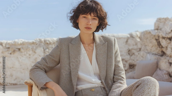 Obraz Business portrait of a young woman in a grey suit on a stone background — calm executive style, fashion and corporate image.