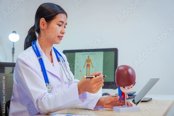 Fototapeta A female doctor examines a patient and explains her diagnosis to him via social media.