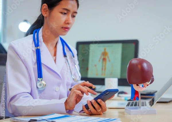 Fototapeta A female doctor examines a patient and explains her diagnosis to him via social media.