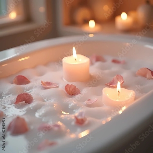 Fototapeta Relaxing bath with floating candles and rose petals in ambient light  