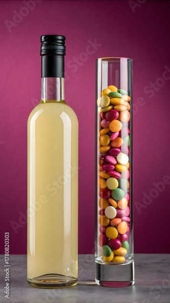 Obraz Glass bottle with yellow liquid next to a tall glass filled with colorful candies