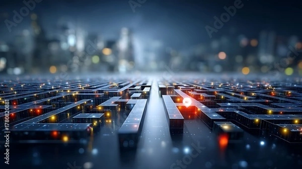 Fototapeta Futuristic Digital Maze with Glowing Paths and City Skyline at Dusk in Focused Perspective