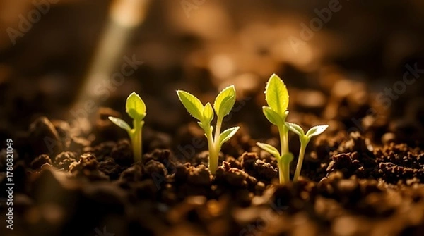 Fototapeta Three small seedlings emerge from the dark soil, bathed in warm sunlight, symbolizing new beginnings and growth