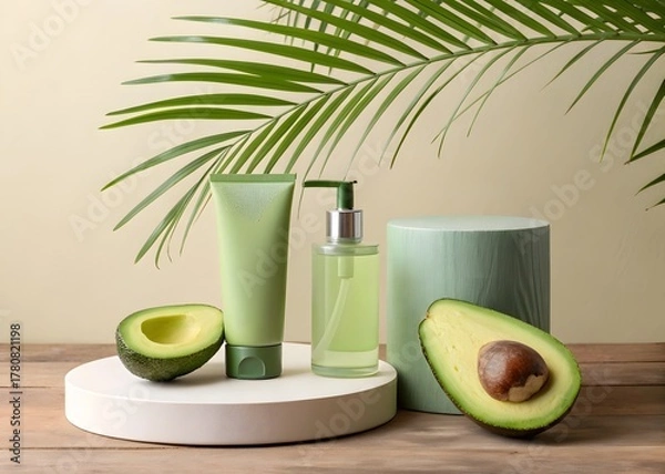 Obraz Natural avocado skincare products displayed with palm leaves and geometric props