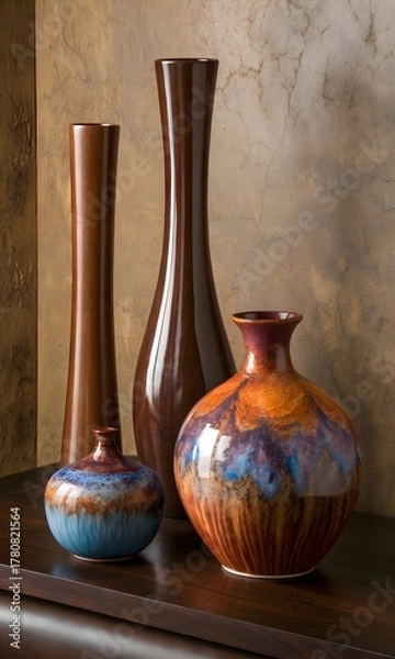 Obraz Three decorative ceramic vases with earthy tones and vibrant glaze