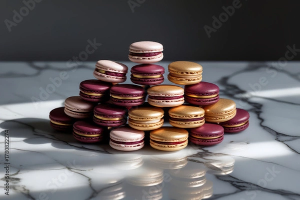Obraz Stack of macarons in burgundy and gold tones on marble surface. Golden luxury macarons arranged in a pyramid on white marble. Tower of gold and burgundy macarons on marble with soft lighting.