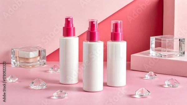 Obraz Three white cosmetic bottles with pink pump dispensers on a pink background